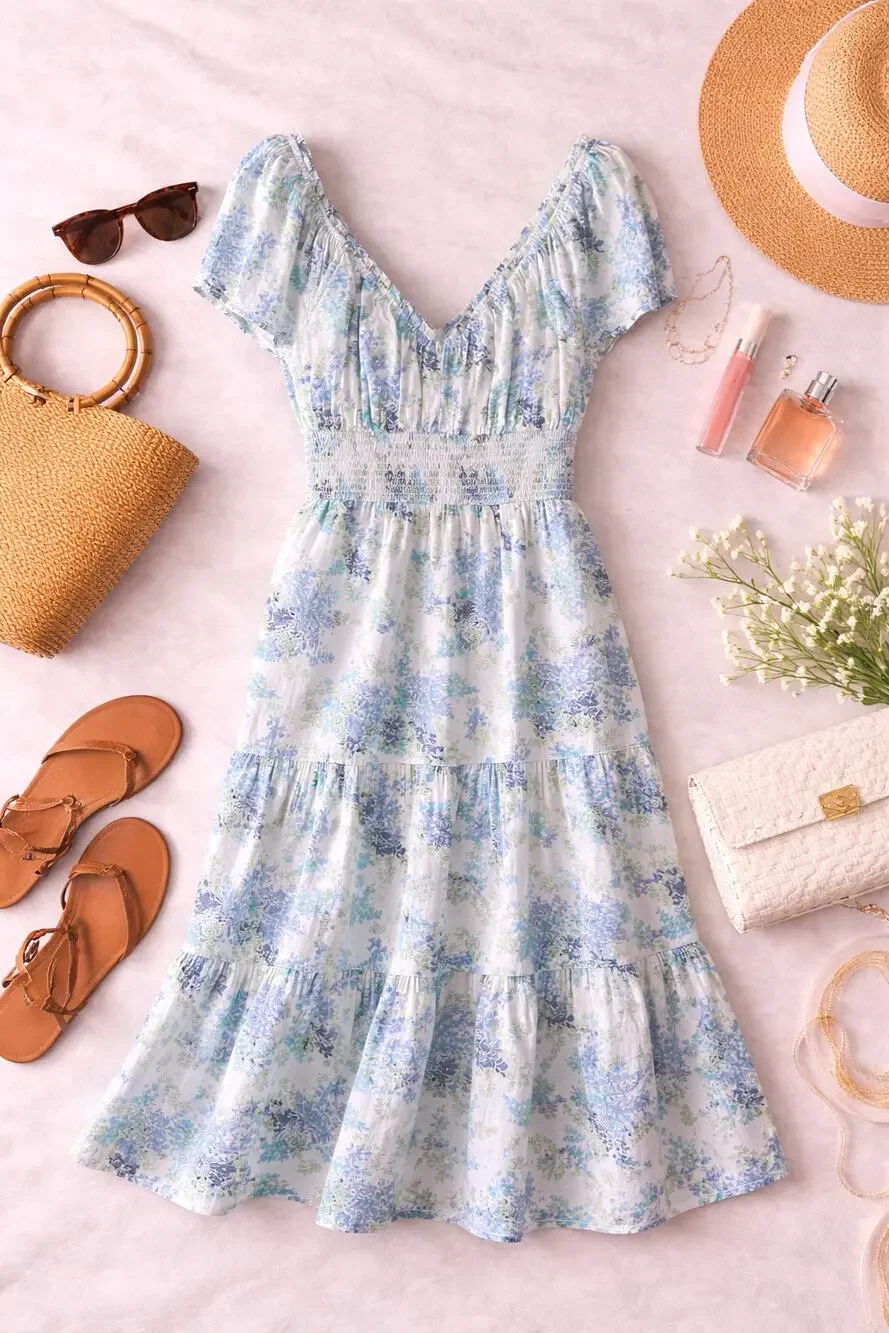 Abercrombie & Fitch Women's Blue Floral Smocked Puff Sleeve Midi Dress Size LT